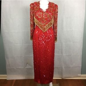 Silk Beaded evening Gown Vintage Sz 8 in red and gold embellishments